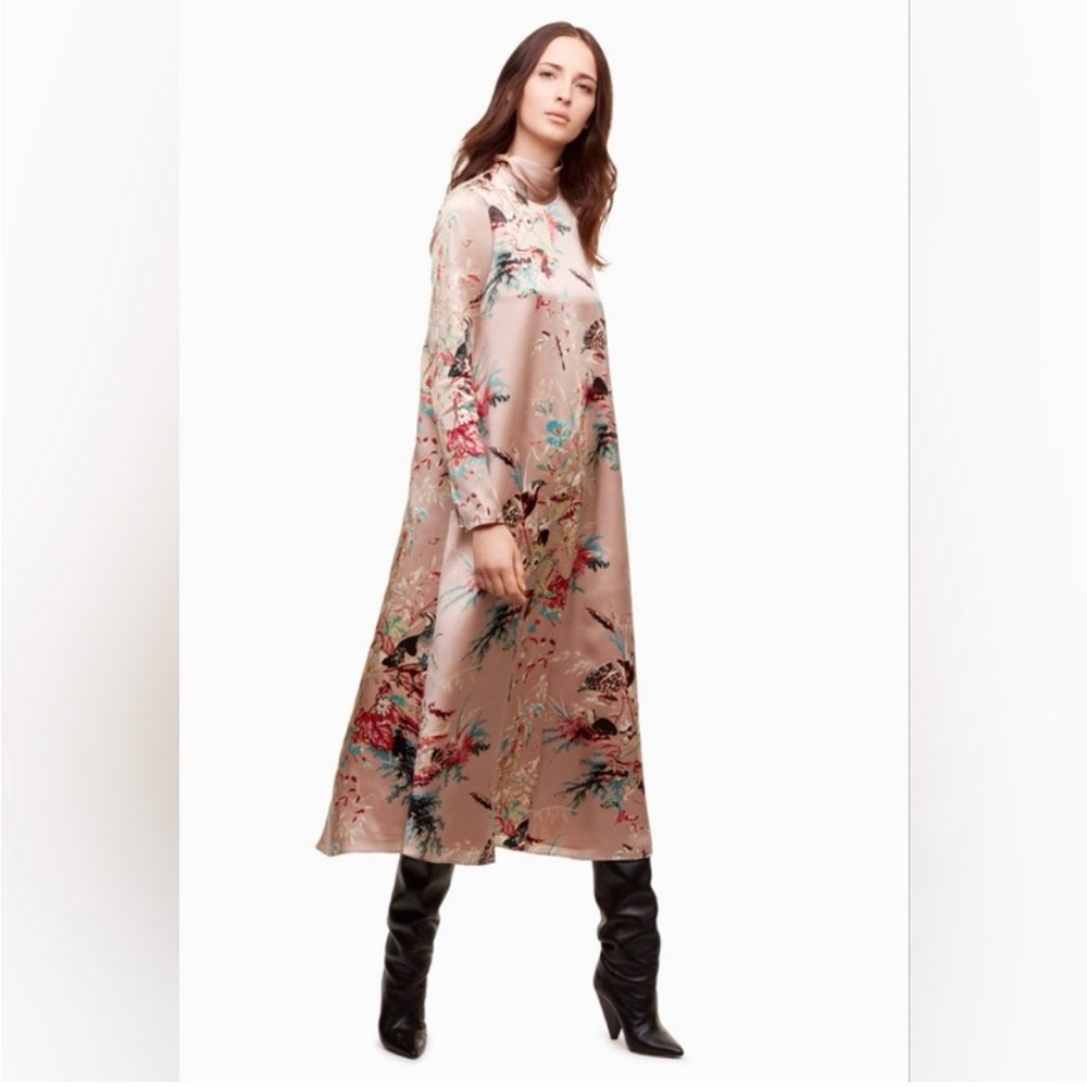 L wilfred aritzia bird print Laverne pink silk dress long sleeve Midi pink